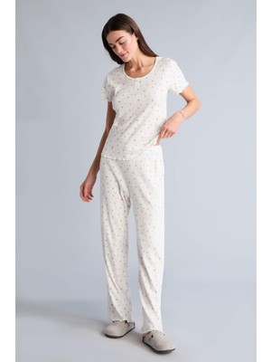 DeFacto %100 Pamuk Regular Fit Kısa Kollu Desenli 2'li Ekru Pijama Takımı H1785AX26SP
