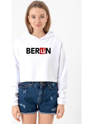 Tshirthane La Casa De Papel Berlin Ak Beyaz Optik Kadın Crop Kapşonlu
