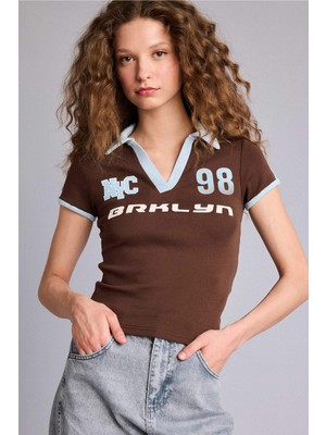DeFacto Fitted Polo Yaka Baskılı Ribana Kısa Kollu Tişört H5771AX26SM