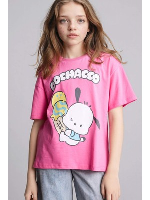 DeFacto %100 Pamuk Pochacco Oversize Bisiklet Yaka Kısa Kollu Tişört Kız Çocuk H3480A826HS