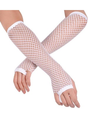 İlkyaz Fashion Uzun File Örgü Eldiven Beyaz Renk
