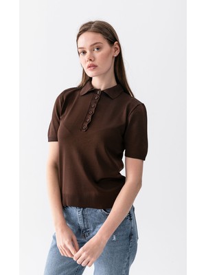 Wega Moda Polo Yaka Kısa Kollu Kadın Triko Tişört – Düğmeli Ince Örme Günlük Şık Kadın Tişört