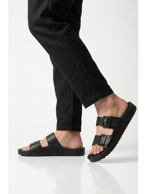 Ayakmod Siyah Hakiki Deri Çift Bantlı Yumuşak Taban Erkek Terlik 8422 M