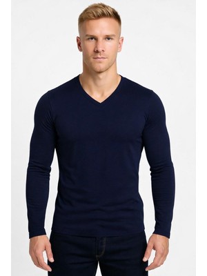 Axxel Erkek Lacivert Pamuklu Likralı Süprem Uzun Kollu T-SHIRT-D236