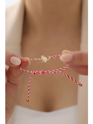 Bayar Gold 14 Ayar Altın Kedi Marteniçka Kırmızı Beyaz İpli Bileklik