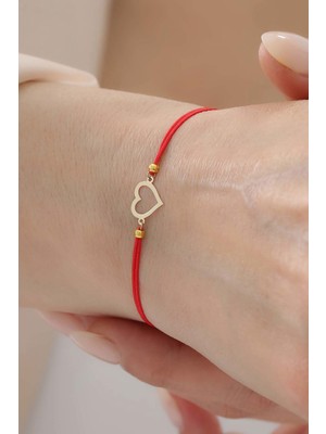 Bayar Gold 14 Ayar Altın Kalp Kırmızı İpli Bileklik