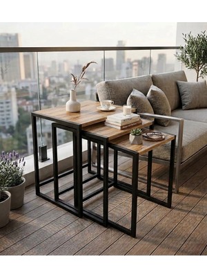 Pratico Form 3’lü Zigon Sehpa Atlantik Çam – Metal Profil Yan Sehpa Takımı