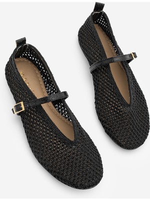 Marjin Kadın Yuvarlak Burun Mary Jane Fileli El Örgüsü Bantlı Babet Ugera Siyah