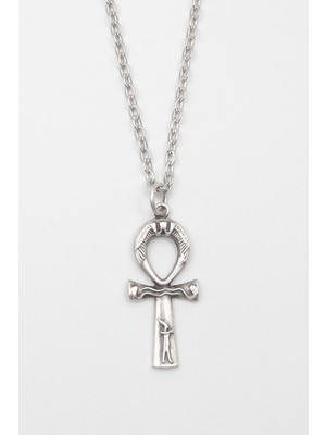 Alooya Ankh Yaşam Kolye - Düz Ezme İthal Zincirli Unisex Gümüş Kaplama Mısır Sembolü - 60 cm
