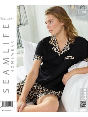 Seamlife Kadın Leopar Şortlu Kısa Kol Gömlek Dokuma Pijama Ev Takım