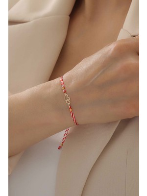 Bayar Gold 14 Ayar Altın Çift Kalp Marteniçka Kırmızı Beyaz İpli Bileklik