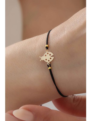 Bayar Gold 14 Ayar Altın Uğur Böceği Siyah İpli Bileklik