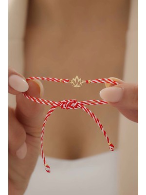 Bayar Gold 14 Ayar Altın Lotus Marteniçka Kırmızı Beyaz İpli Bileklik