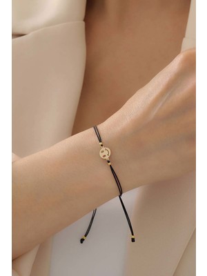 Bayar Gold 14 Ayar Altın Gülen Yüz Sembolü Siyah İpli Bileklik