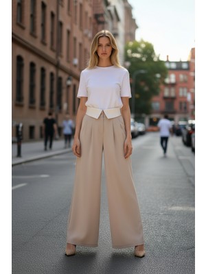 Bel Detay Pileli Bol Paça Pantolon Bej