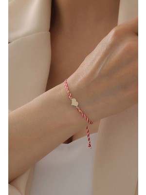 Bayar Gold 14 Ayar Altın Kalpli Marteniçka Kırmızı Beyaz İpli Bileklik