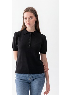 Wega Moda Polo Yaka Kısa Kollu Kadın Triko Tişört – Düğmeli Ince Örme Günlük Şık Kadın Tişört