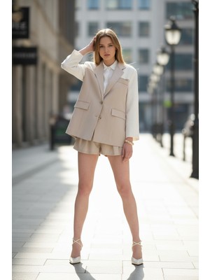 Kruvaze Yaka Dokulu Blazer Ceket Bej