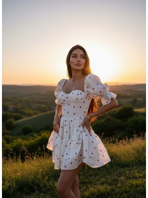 Çilek Desen Kulp Yaka Balon Kol Mini Elbise Beyaz