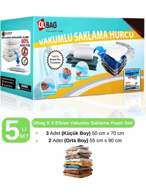 PremiumPort 5'li Vakumlu Saklama Poşeti Seti, Elbise ve Hurç Için Pratik Çözüm