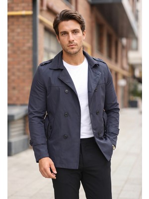 Mero Life Erkek Lacivert Mevsimlik Astarlı Kemerli Kruvaze Trençkot