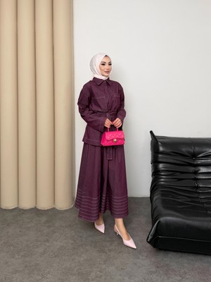 Mihran Butik Carina Model Kot Kumaş Detaylı Kadın Elbise Takım