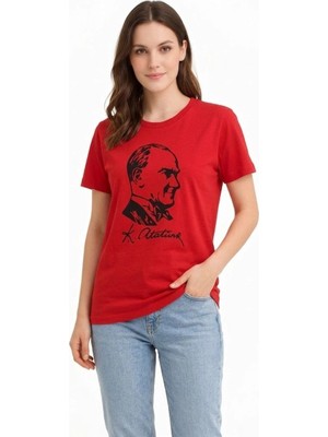 MidasTech Kadın Atatürk Baskılı Tişört Kısa Kollu Bisiklet Yaka T-Shirt - Kırmızı