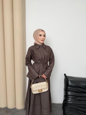 Mihran Butik Carina Model Kot Kumaş Detaylı Kadın Elbise Takım