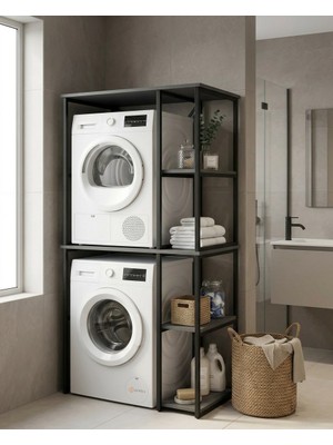 Pratico Maya 2 Katlı Çamaşır ve Kurutma Makinesi Standı Antrasit – Raflı Metal Organizer Dolap