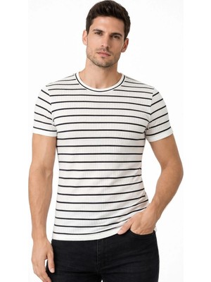 MidasTech Erkek Çizgili Yazlık Triko T-Shirt Slim Fit Dar Kesim Body Bisiklet Yaka - Beyaz
