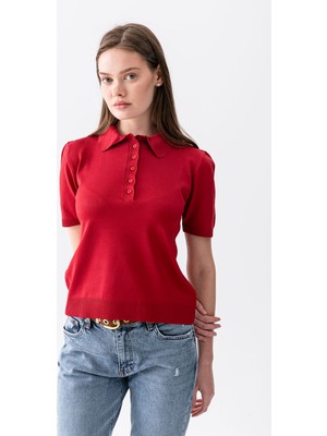 Wega Moda Polo Yaka Kısa Kollu Kadın Triko Tişört – Düğmeli Ince Örme Günlük Şık Kadın Tişört