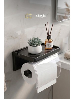 YNSK Raflı Tuvalet Kağıdı Askısı Yapışkanlı Kapaklı Banyo Organizer Siyah