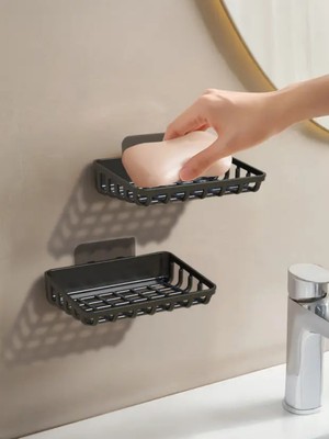 YNSK 2'li Set Yapışkanlı Banyo Sabunluk, Katı Sabun Tutacağı, Lavabo Mutfak Katı Sabunluk Süngerlik Siyah