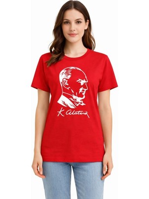 MidasTech Kadın Atatürk Baskılı Tişört Kısa Kollu Bisiklet Yaka T-Shirt - Kırmızı