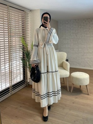 Moda Morfo Kolları ve Eteği Süzene Işlemeli Parçalı Elbise -Taş