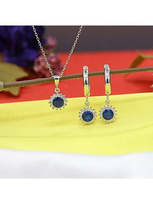 Lacivert Beyaz Taşlı Minimal Anturaj Yuvarlak Gümüş Kolye Küpe Takım