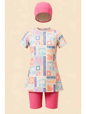 Modanino Kız Çocuk 3'lü Mayo Takımı (Tunik Boy Kısa Kollu Üst+Diz Boy Alt ve Bone) 7-16 Yaş 12592B