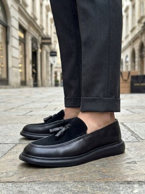 BOA BA0005 Yeni Sezon Kalın Tabanlı Siyah Süet Makosen Ayakkabı