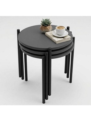 Pratico Dali Üçlü Zigon Sehpa – Metal Profil Antrasit Yan Sehpa Takımı (33X45 Cm)