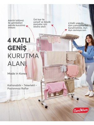 Ceraware Home S4 Premium 4 Katlı Çamaşırlık Made in Korea Tam Katlanır Tekerlekli Çamaşır Kurutmalık