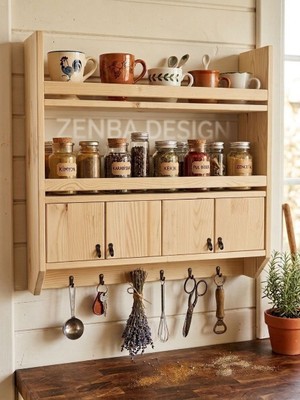 Zenba Design Büyük Boy Ahşap Terek Bardak Baharatlık Rafı Geniş Raf Ölçülü