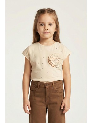 Mutlu Kids Çiçek Aplikeli Taş Işlemeli Kız Çocuk Tişört