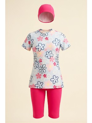 Modanino Kız Çocuk 3'lü Mayo Takımı (Kısa Kollu Üst+Diz Boy Alt ve Bone) 7-16 Yaş 12591B