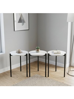 Pratico Dali Üçlü Zigon Sehpa – Metal Profil Beyaz Yan Sehpa Takımı (33X45 Cm)