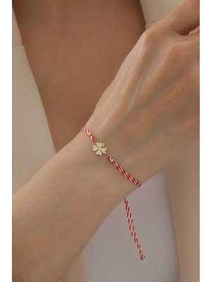 Bayar Gold 14 Ayar Altın Yonca Marteniçka Kırmızı Beyaz İpli Bileklik