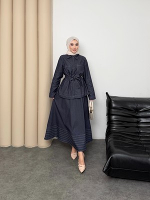 Mihran Butik Carina Model Kot Kumaş Detaylı Kadın Elbise Takım