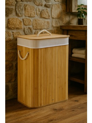 PremiumPort Katlanabilir Bambu Çamaşır Sepeti, Ipli Saplı, Şık ve Pratik Tasarım
