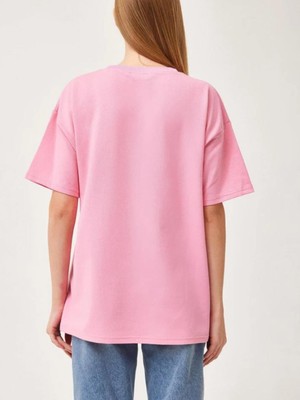 Veracraft Kadın Oversize Basic Kısa Kollu Bisiklet Yaka Pamuklu Pembe Sweatshirt-T-Shirt