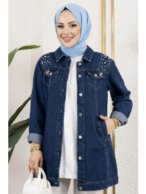 Harma Time Butik Kadın Boncuk Işlemeli Lacivert Kot Ceket