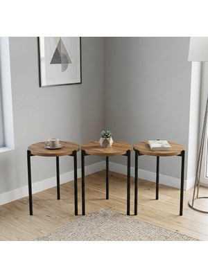 Pratico Dali Üçlü Zigon Sehpa – Metal Profil Atlantik Çam Yan Sehpa Takımı (33X45 Cm)